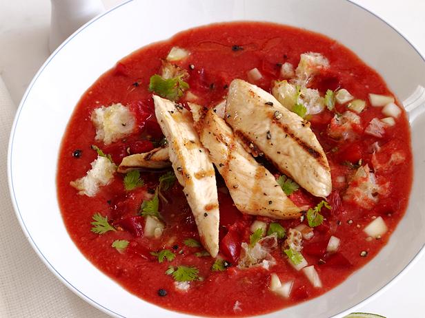 Gazpacho soup with fried chicken in lime juice