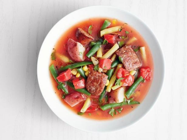 Summer vegetable soup with sausages