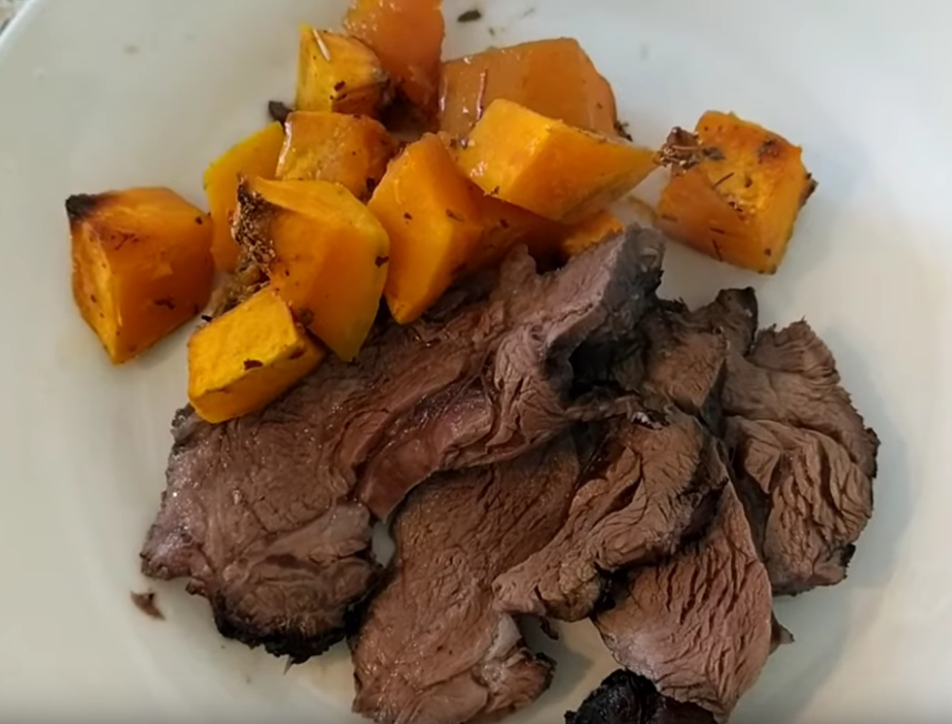 Roast elk meat with seasonal vegetables