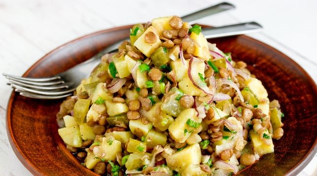 Potato salad with lentils, pickled cucumbers and onions