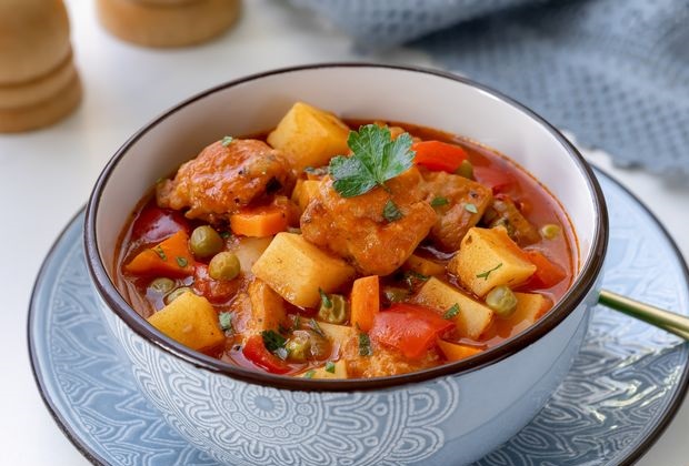 Stew soup with chicken, bell pepper and green peas