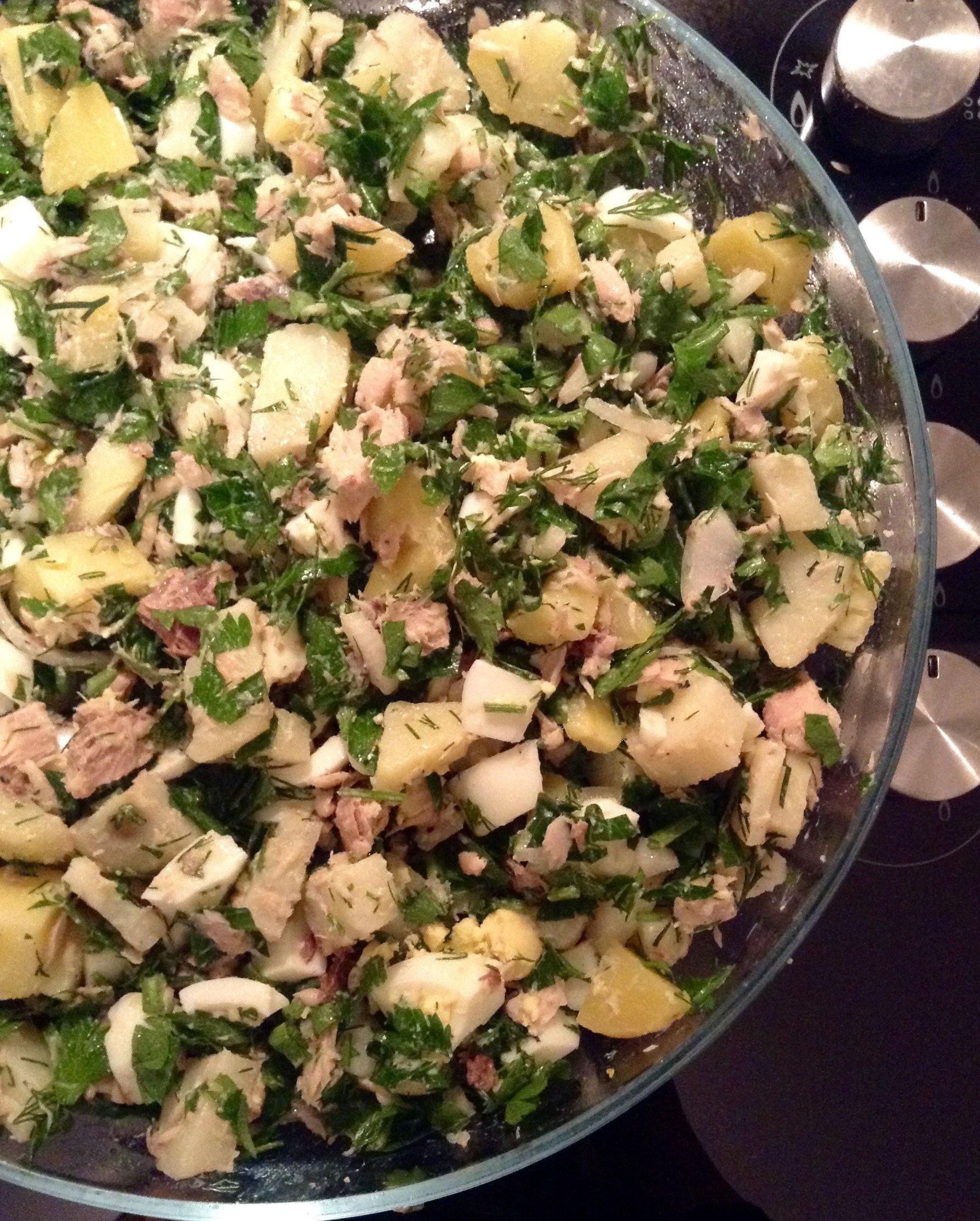 Potato salad with eggs and tuna