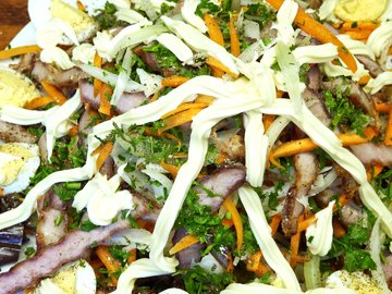 Salad with eggplant, meat and vegetables