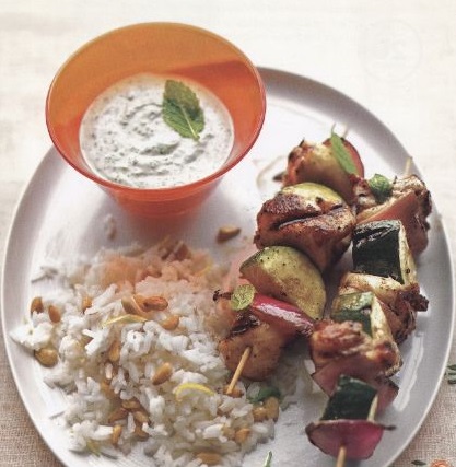Chicken fillet, zucchini and onion skewers