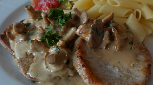 Tender steak with cream and mushrooms