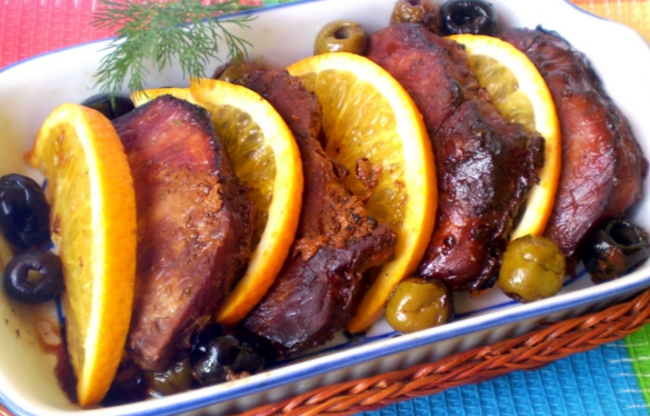 Pork in the oven with oranges, mustard and mayonnaise
