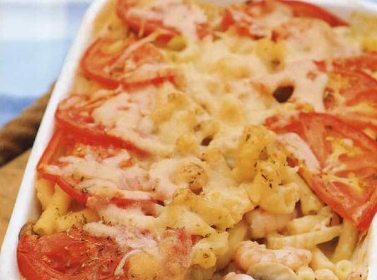 Pasta baked with shrimp and mushrooms