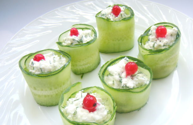 Appetizer of cucumbers and cottage cheese