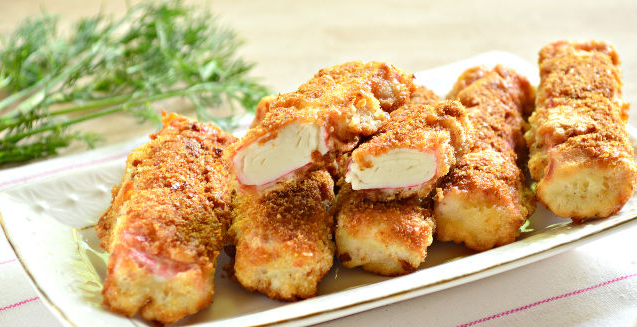 Crab sticks in batter and breadcrumbs