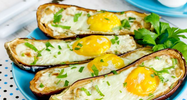 Eggplant baked with feta cheese and eggs
