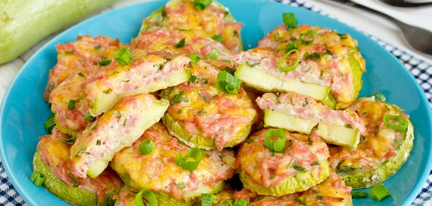 Zucchini baked with sausage and cheese