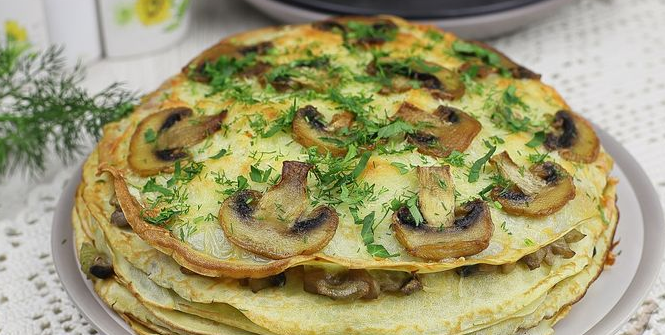 Snack pancake cake with champignons and cheese (in the oven)