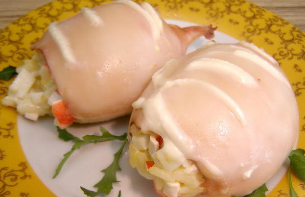 Calamari stuffed with crab salad