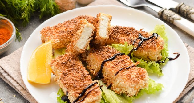 Fried feta cheese in sesame