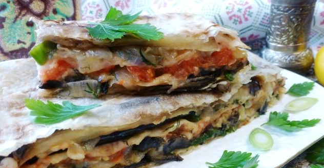 Lavash pie with vegetables and mushrooms