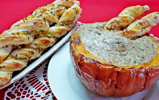 Pumpkin fondue with edible sticks