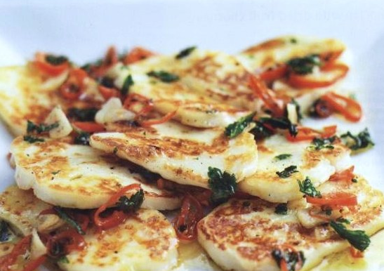 Halloumi cheese with garlic, pepper and cilantro
