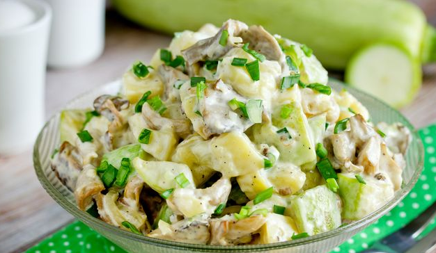 Tasty Potato salad with fried oyster mushrooms and zucchini