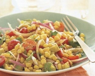 Corn salad with tomatoes, avocado and basil