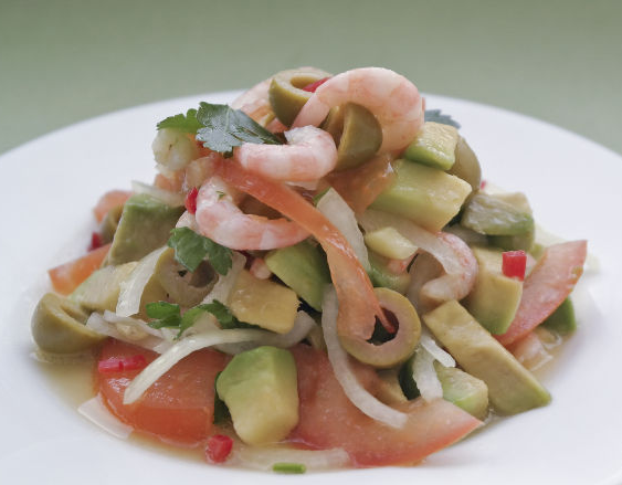 Original salad with shrimp and avocado, backstage with white wine