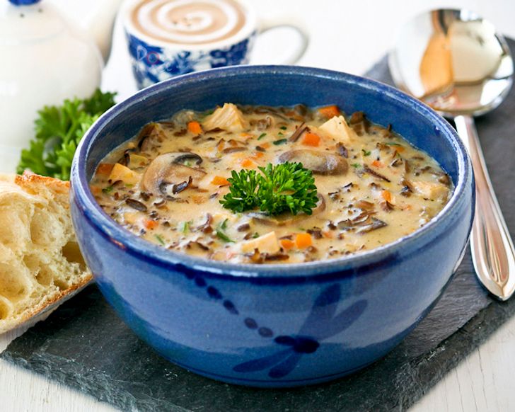 American soup with wild rice, mushrooms and chicken