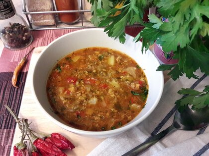 Thick vegetable soup with minced meat