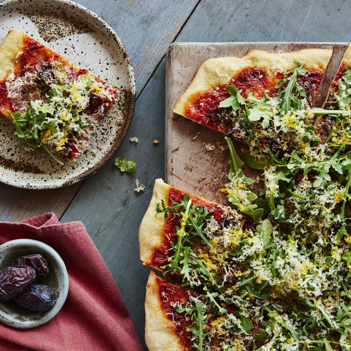 Date, Sopressata, Arugula, and Smoked Gouda Pizza
