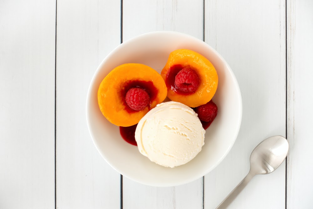 French dessert with ice cream and peach Melba