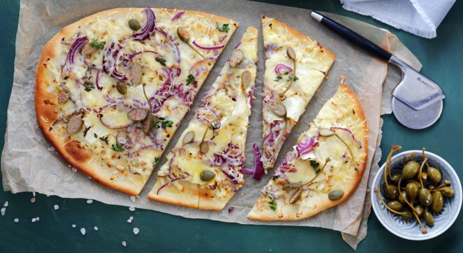 Pizza with celery and smoked cheese