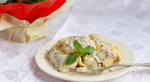 Pancakes with Cottage Cheese in Sour Cream-Poppy Filling