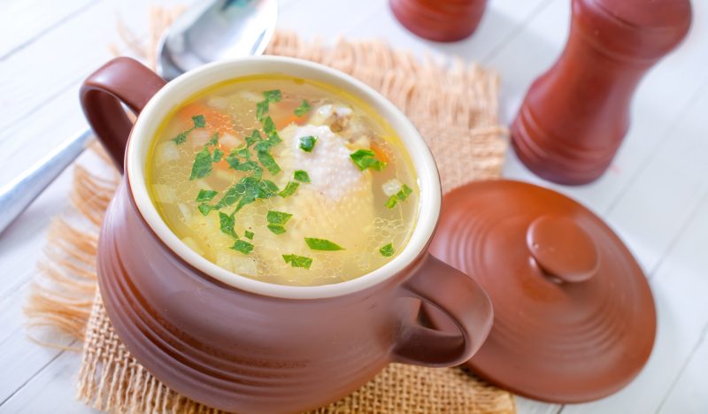 Chicken soup in pots