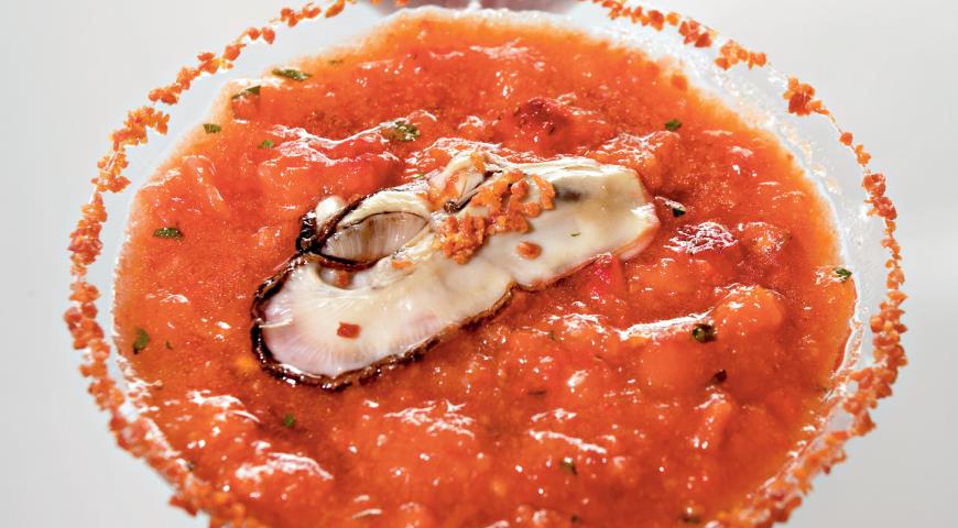 Strawberry gazpacho with oyster and ham dust