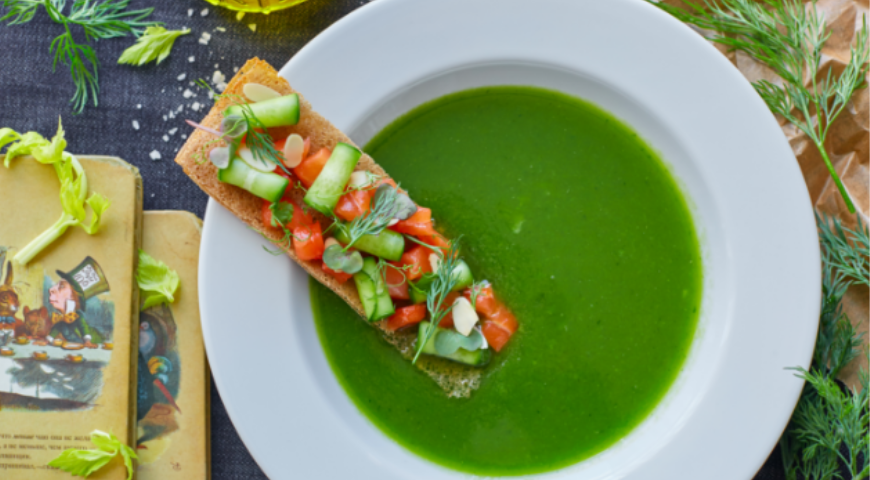 Cold Baku cucumber soup with salmon and almond petals