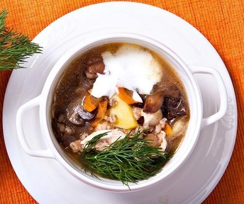 Goose soup with pearl barley, mushrooms and apples