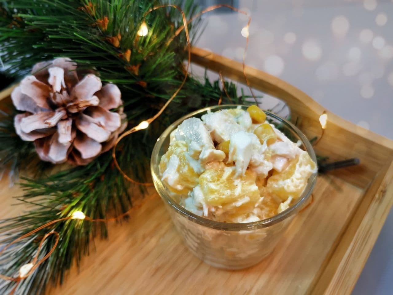 Salad with chicken, cheese and pineapple