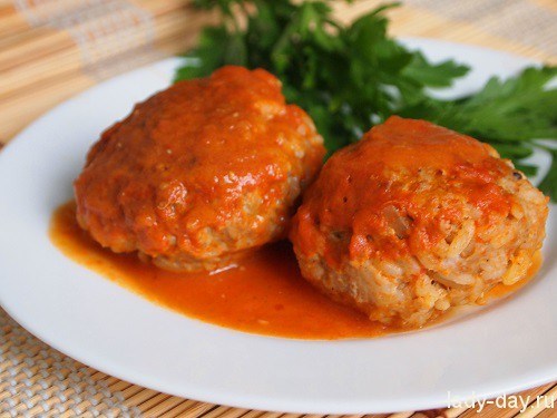 Meatballs with rice in vegetable sauce