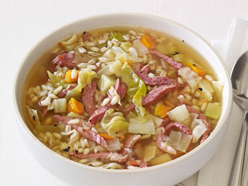 Pearl barley soup, cabbage with beef jerky