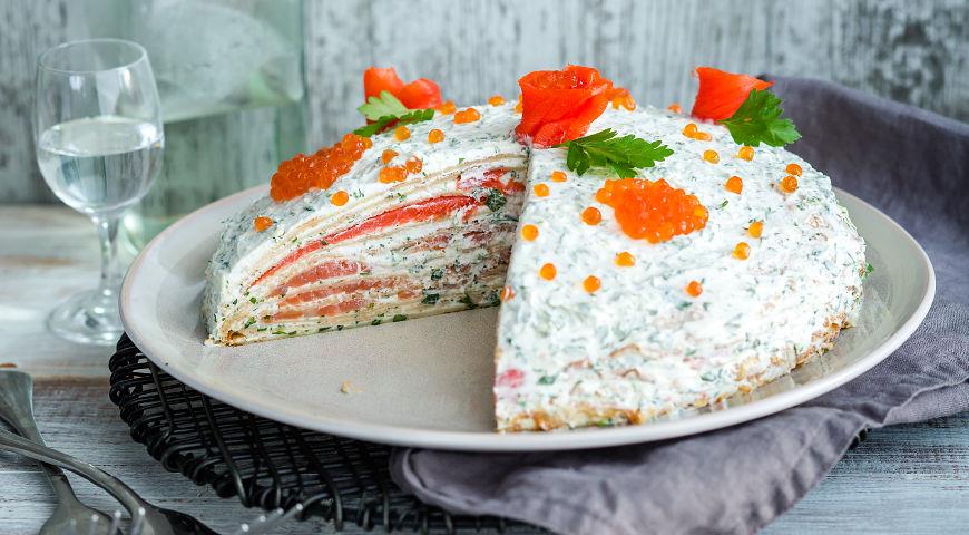 Pancake pie with salmon and soft cheese