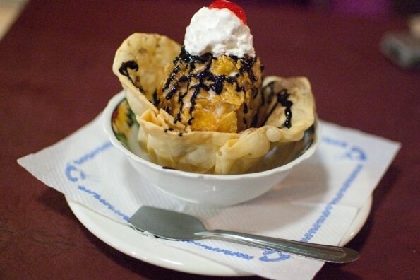 Fried ice cream with raisins and cereals