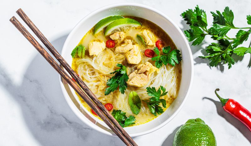 Chicken soup with rice noodles and coconut cream