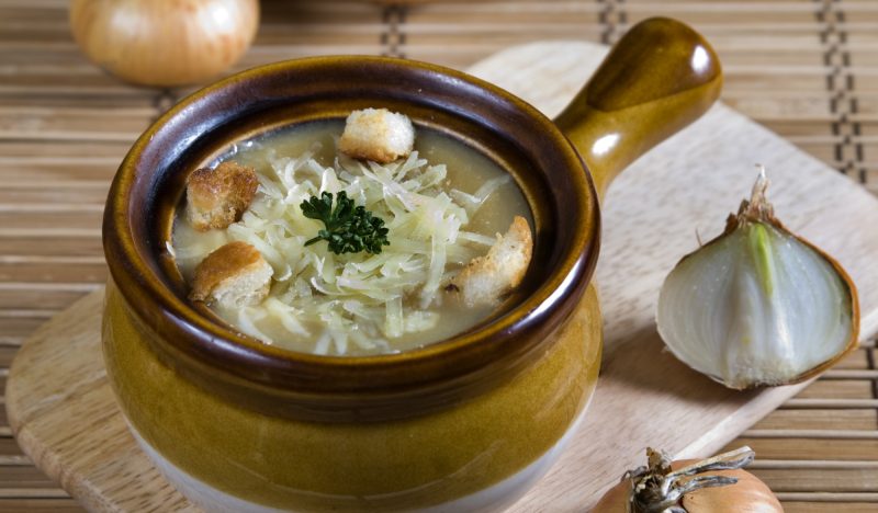 Onion soup with cheese and mustard