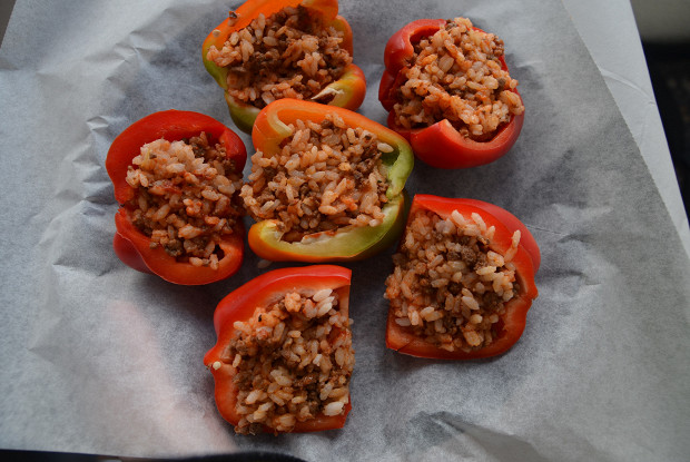 Sweet peppers baked with meat and rice