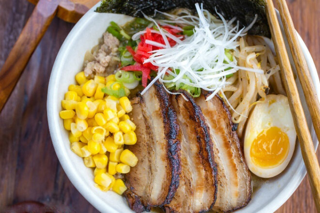 Chicken broth miso soup with ramen noodles