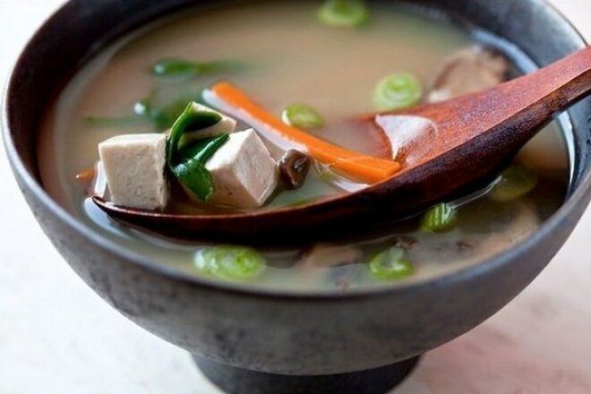 Miso soup with pork and mushrooms