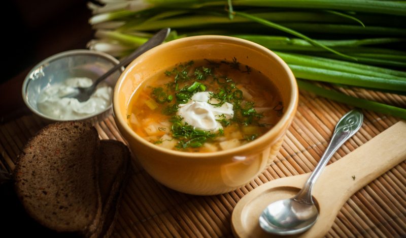 Cabbage soup with chicken, sauerkraut and bell pepper