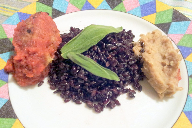Trio of white beans, beets and black rice with sage