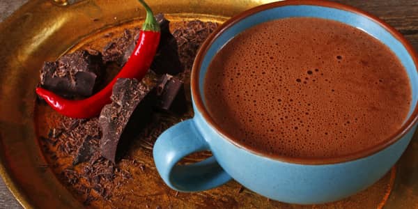 Nut hot chocolate with chili pepper and caramel syrup