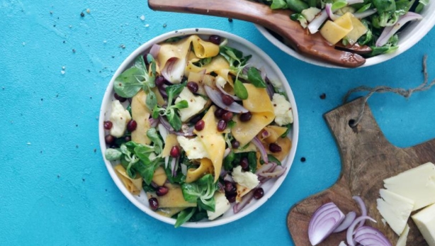Salad with Pumpkin, Pomegranate, Spinach and Suluguni