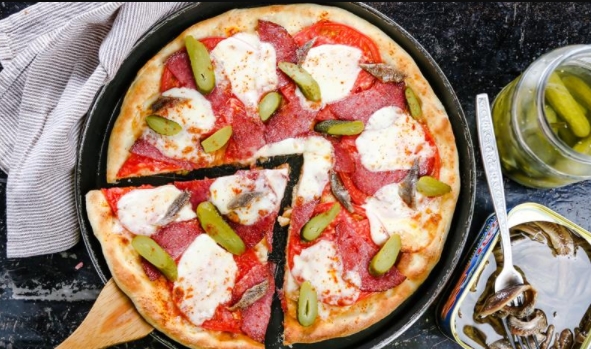 Pizza with Pickled Cucumbers and Sausage