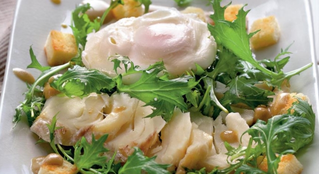Smoked Cod Salad with Poached Eggs and Croutons